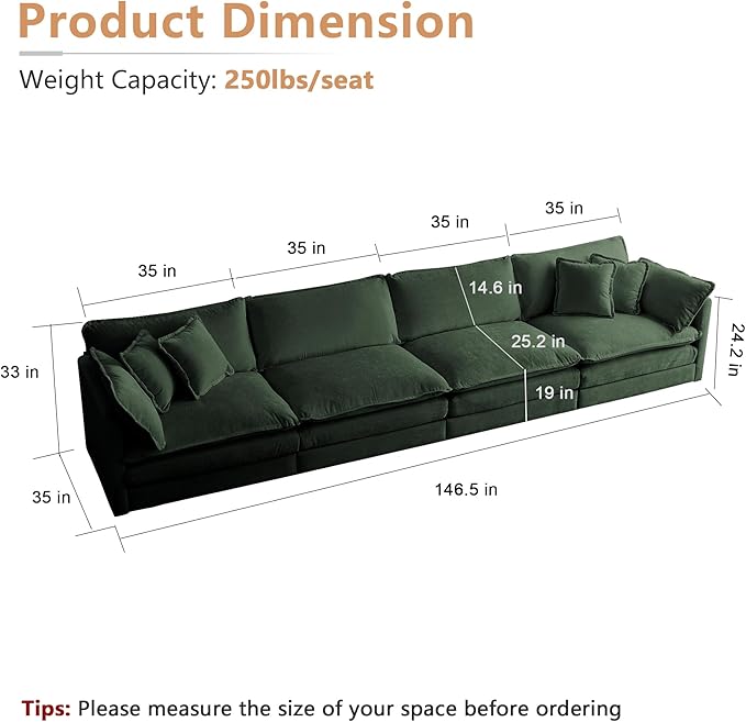 mikibama Luxury Modular Sectional Sofa, 146.5" Modern Chenille Comfy Cloud Couches for Living Room Office, 4 Seater Deep Sofa with 2 Armrest Pillows and 4 Toss Pillows, Evergreen