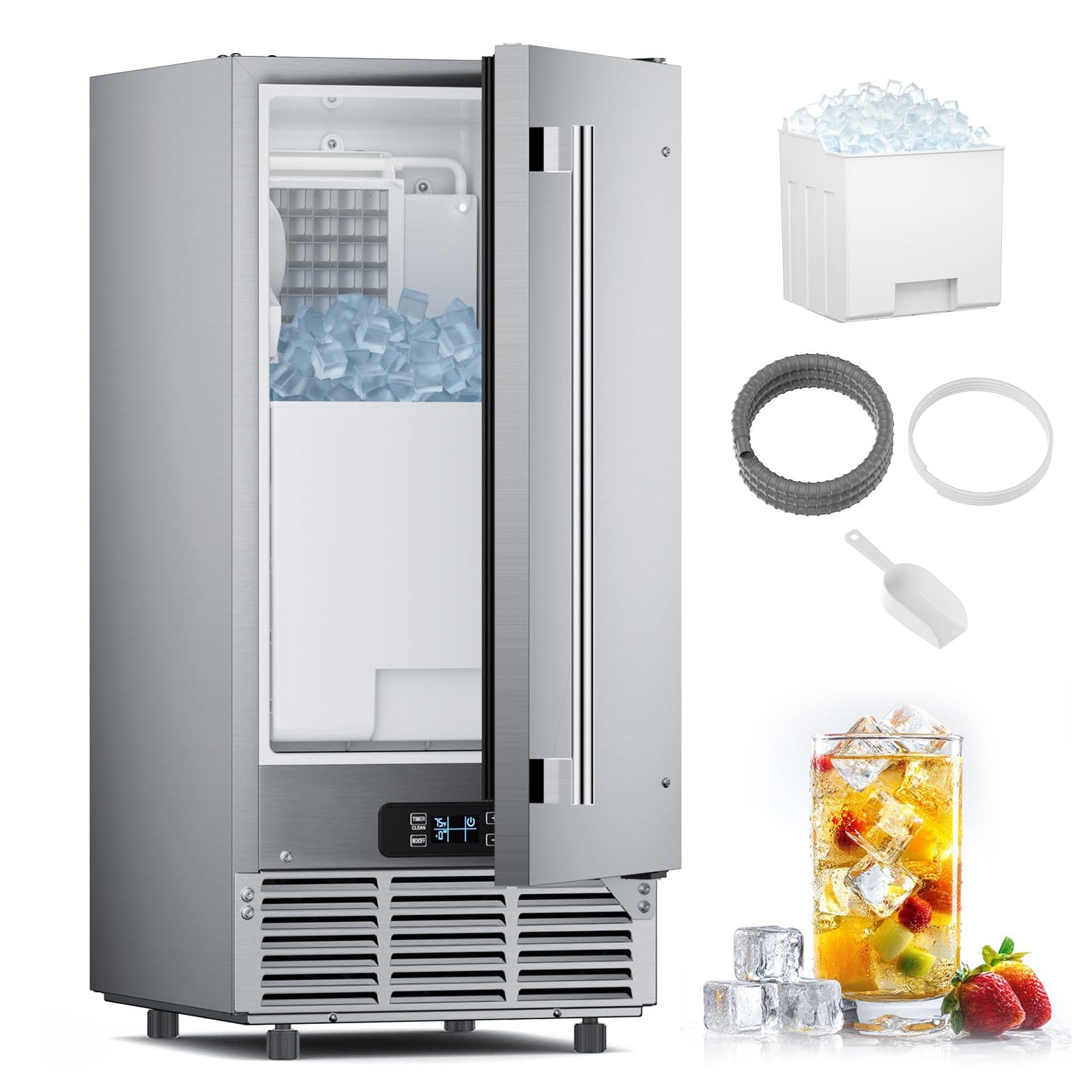 15" W Commercial Under Counter Ice Maker Machine，85 Lbs/Day with 30 LBS Storage Bin，Bulit-in Freestanding Ice Maker，Stainless Steel Under Cabinet Ice Machine，Self Cleaning，Thicknesses Adjustable