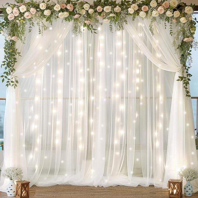10ft x 10ft White Chiffon Backdrop Curtain with Lights String for Parties,2 Panels Sheer Tulle Curtain Wedding Backdrop wi...