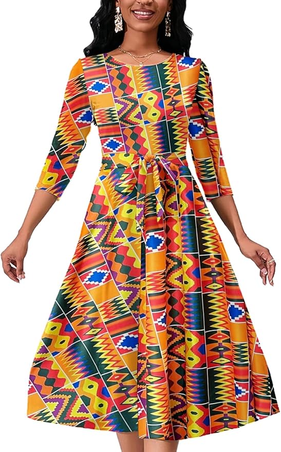 Women's Caual Midi Dress 3/4 Sleeve Crewneck A-line Swing Dress for Women with Belt for Wedding Guest & Cocktail Party