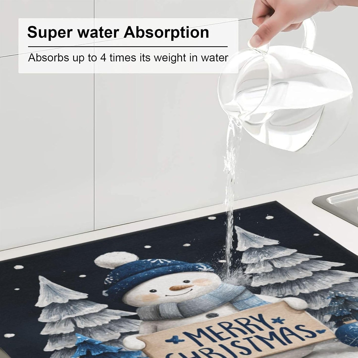 Dish Drying Mat Snowman Christmas Black Absorbent Microfiber Non Slip Quick Dry Heat Resistant Holiday Decorative Kitchen Counter Mat for Plates Cups Glasses 16x18 Inch
