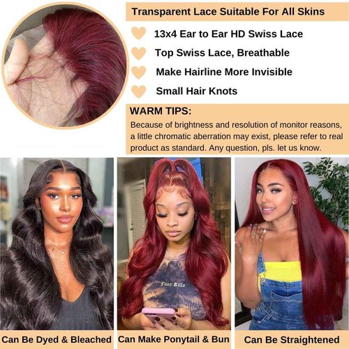 AOSUN 99j Burgundy Lace Front Wigs Human Hair Glueless Wine Red Colored Body Wave Wigs Pre Plucked with Baby Hair 180 Density 13x4 HD Transparent Frontal Wig for Women