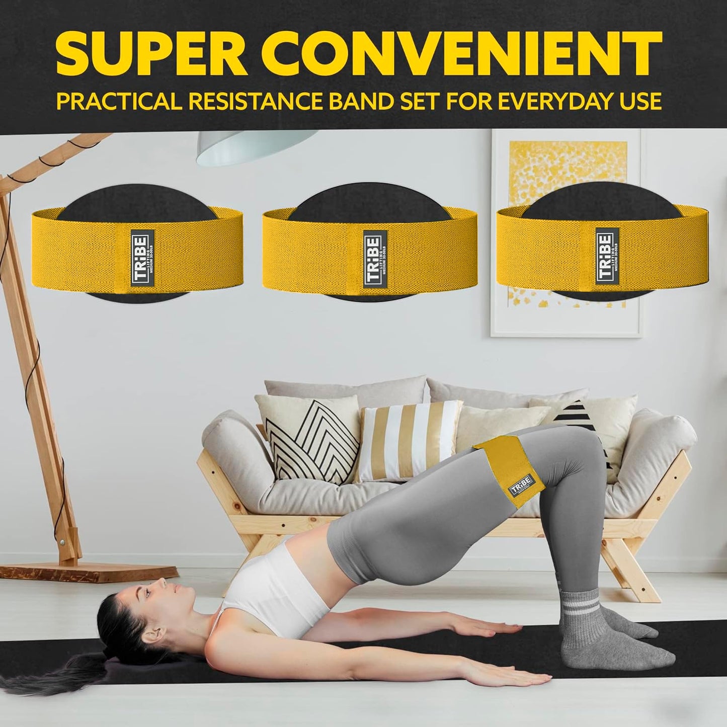 Tribe Lifting Fabric Resistance Bands for Exercise - Hip Bands for Working Out Legs, Glutes, Knees and Thighs for Men and Women - Cloth Circle Booty Bands for Physical Therapy (Yellow)