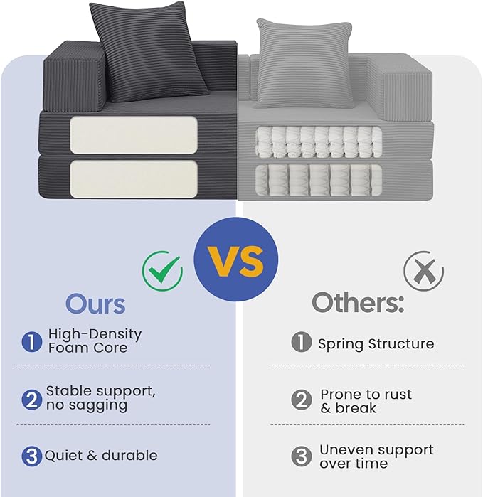COMAX Futon Sofa Bed, 4‑in‑1 Convertible Sofa Bed, Folding Boneless Couches for Living Room, Fold Out Small Foldable Loveseat Floor Sleeper Comfy Mattress Lounge Space‑Saving, Grey