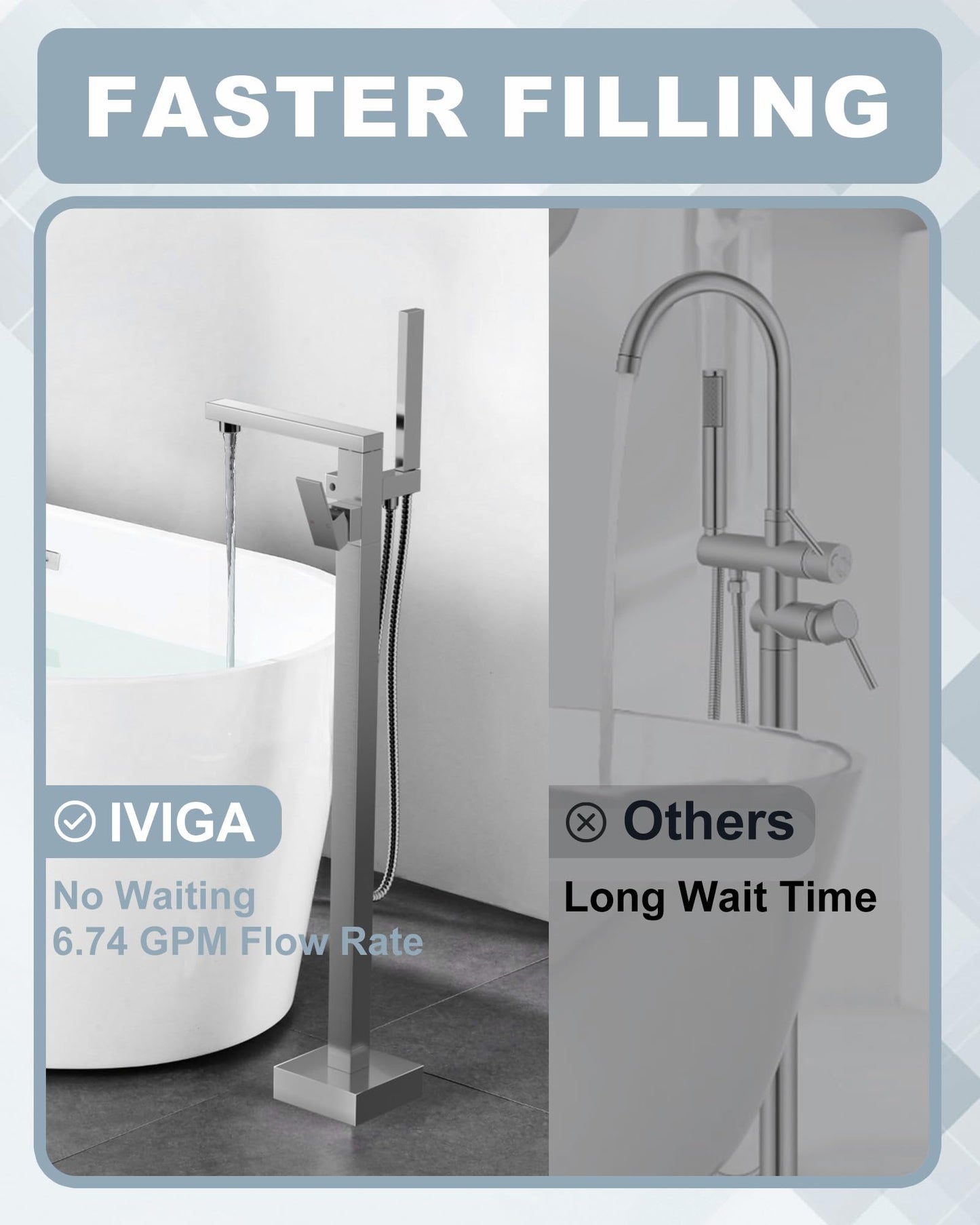iVIGA Free Standing Tub Faucet Brushed Nickel,Freestanding Bathtub Faucet For Luxury Bathtub,High Flow Tub Filler,Swivel Spout Brass Construction with Handheld Shower