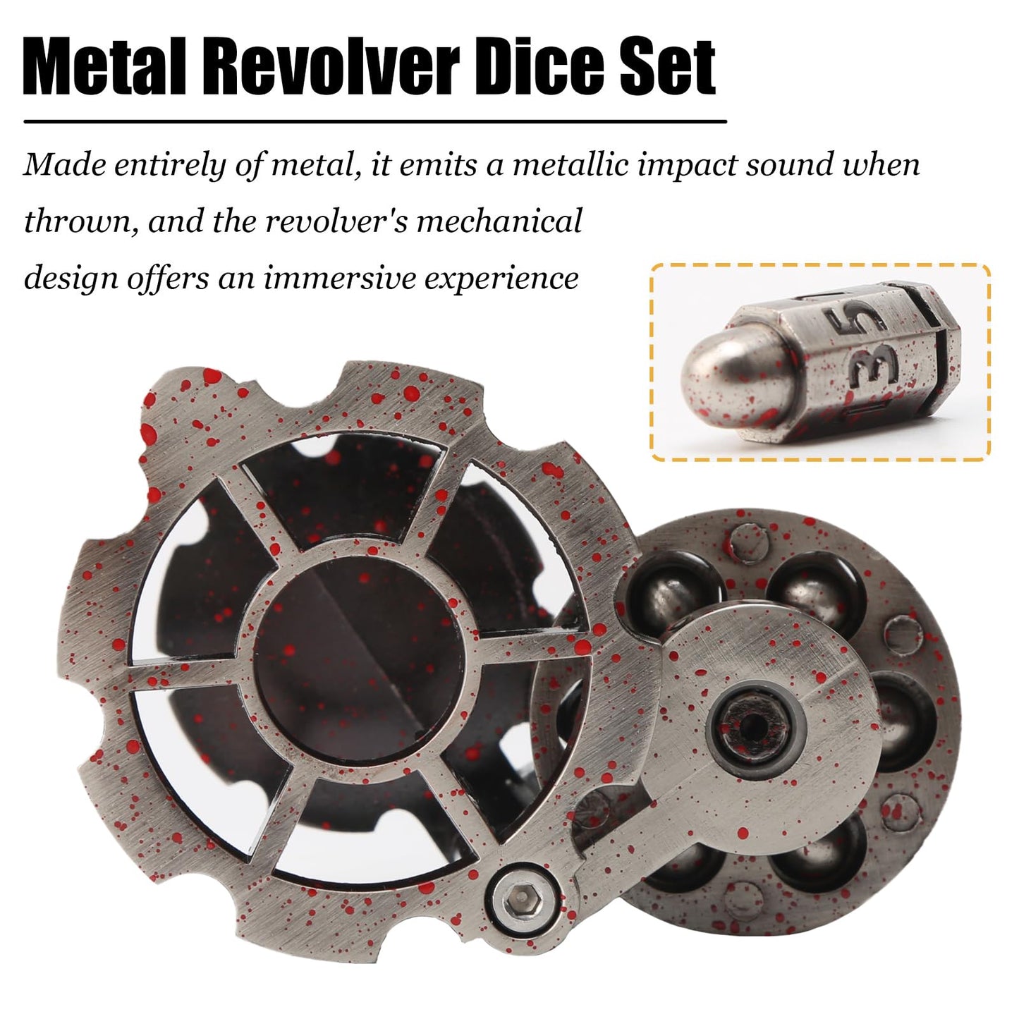 diceevil Bullet Dice, Revolver Bullet Metal Dice Set with Spinning Revolver Cylinder Container & Seven Polyhedron Dices for Sci-Fi, War, Crime Theme Tabletop Games