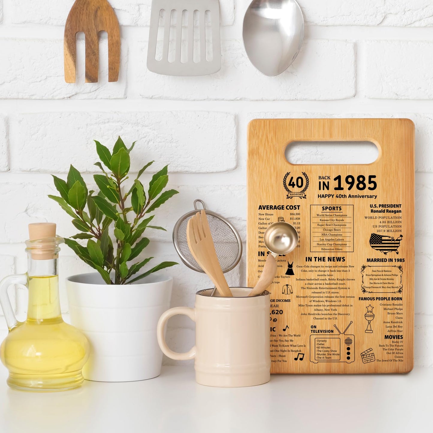 40th Wedding Anniversary Cutting Board Gifts for Women Men Marriage Gifts for Couple 1985 Poster Back In 1985 40th Anniversary Decorations 100% Organic Bamboo Pre Oiled 11"L x 7"W x 0.5"Th