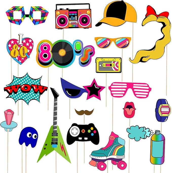 LUOEM 21pcs 80's Photo Booth Props Funny Birthday Party Photo Props with Wooden Sticks Creative Party Supplies, for 1980s ...