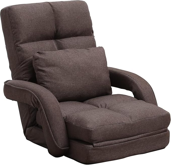 DeeLyan Indoor Floor Chair with Armrest and Pillow Folding Chaise Lounge Sofa 14-Position Adjustable Comfy Gaming Recliner Chair Padded Seats for Adults(Brown)