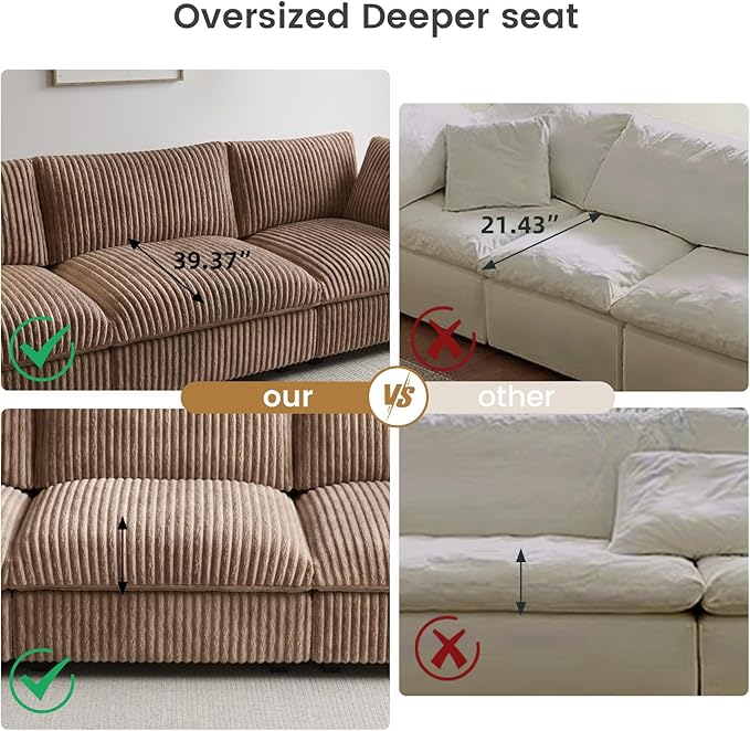 WJShome Cloud Couch Modular Sectional Sofa,118" Oversized L Shaped Sofa with Ottoman,Plush 4 Seater Comfy Couch with Chaise Convertible Couches for Living Room,Covers Washable&Replaceable (Brown)