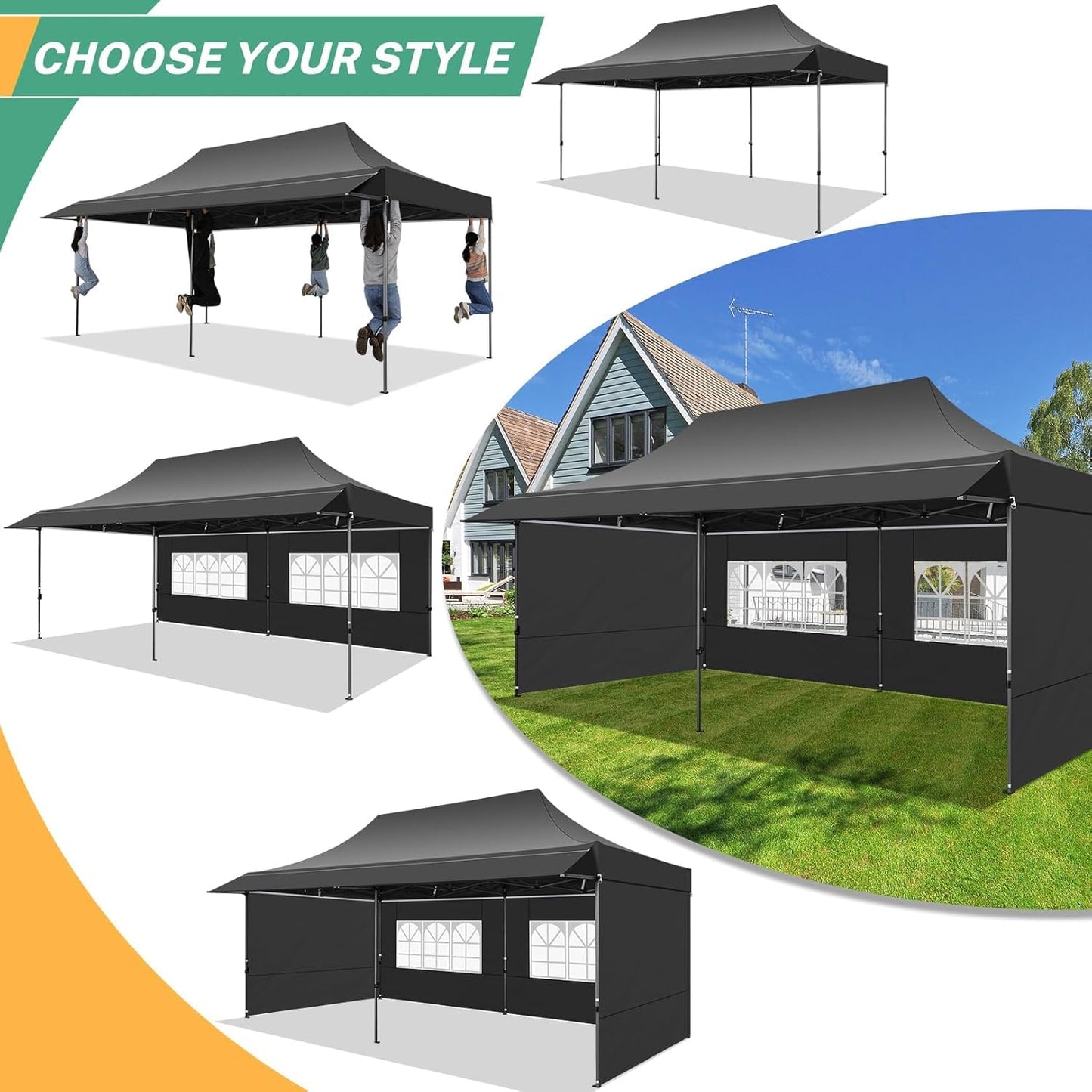 COBIZI 10x20 Pop Up Canopy Tent with Awning & Sidewalls, Commercial 10X20 Canopy Tents Instant Waterproof, UPF 50+ Sun Shade for Outdoor, Parties, Markets (Black)