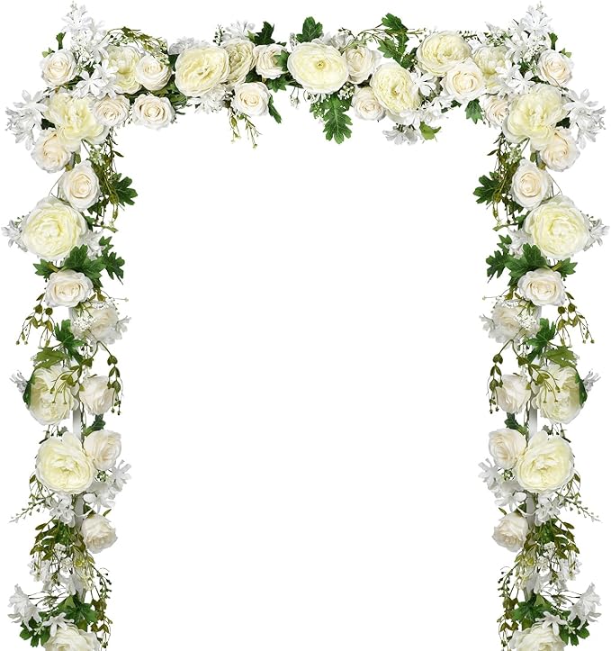 DearHouse Artificial Peony Flower Garland - 6ft/Strand Silk Peony Garland with Pink Flowers for Wedding Party Table Decoration,White