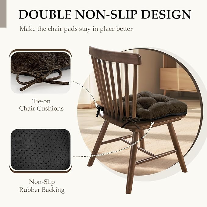 HARBOREST Chair Cushions for Dining Chairs Set of 4 - Chenille Tufted Kitchen Chair Cushions with Ties and Non-Slip Bottom, Foam Chair Pads for Dining Chairs, 17" x 17", Chocolate