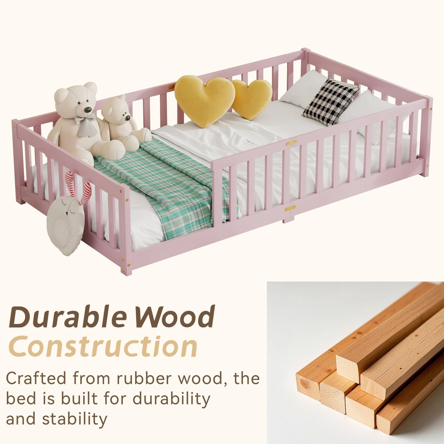 Duxelifin Twin Toddler Floor Bed, Wooden Montessori Bed Frame for Kids, Twin Size Bed Frame with Rails for Kids, Boys and Girls, No Box Spring Needed, Pink