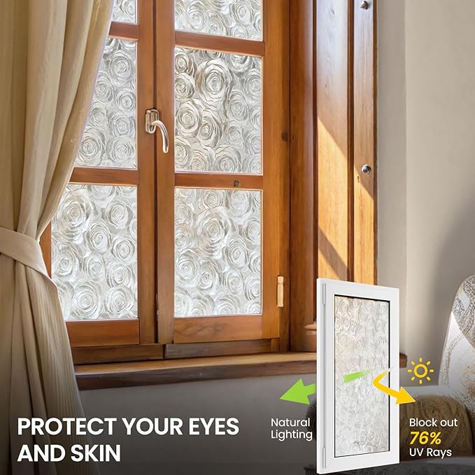 Window Privacy Film, Frosted Glass Decorative Static Cling, Removable Sun Blocking Vinyl Covering,Window Film for Home Kitchen Living Room Bathroom,Sea of Flowers,17.3" x 78.7"