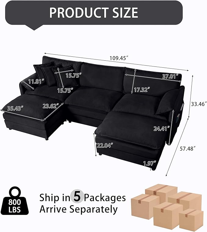 RENDGO 109" Modular Sectional Sofa with 2 Ottoman, Chenille Cloud Couch for Living Room & Apartment, Deep Seat Comfort, Flexible U-Shape Combination Sofa for Home & Office,Black