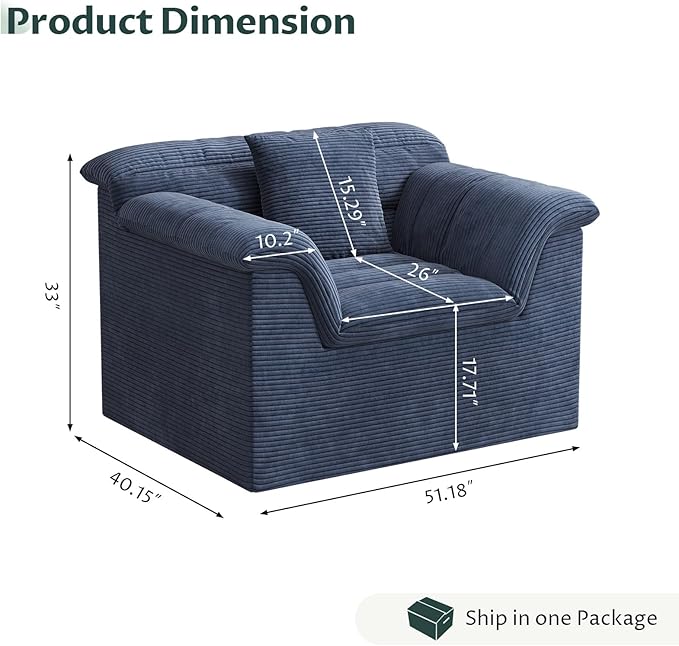 SUNG7 51" Cloud Sectional Couch, Modern Modular Sofa with Deep Seat, Comfy Compressed Single Sofa, Upholstered Corduroy Couches for Living Room, No Assembly Required, Blue