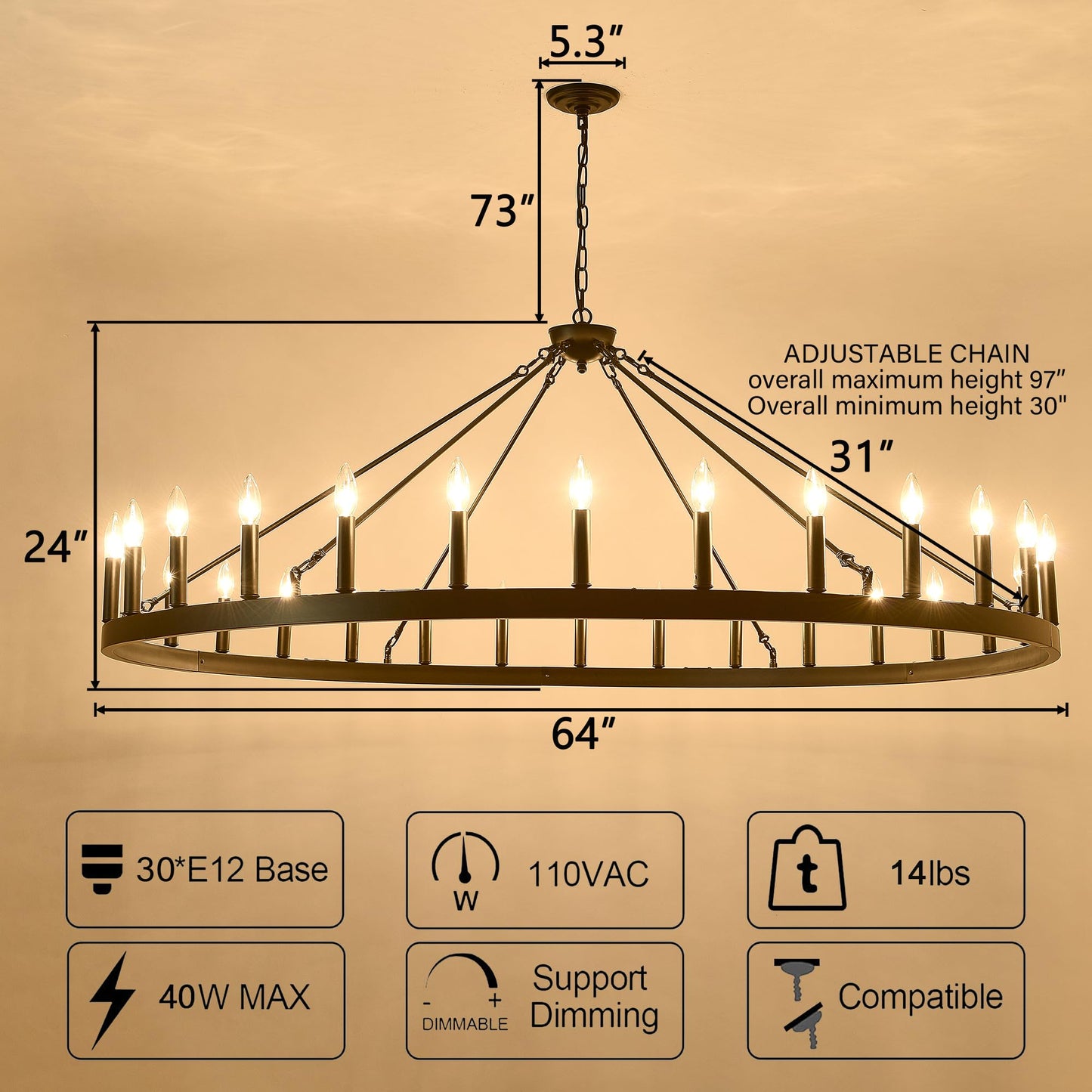 ZBMYRBZJ Large black wagon wheel chandelier 64 inch,30-Light Farmhouse wagon Wheel Chandeliers Round Industrial ceiling light fixtures for outdoor porch high ceilings Living Dining Room Foyer Entryway