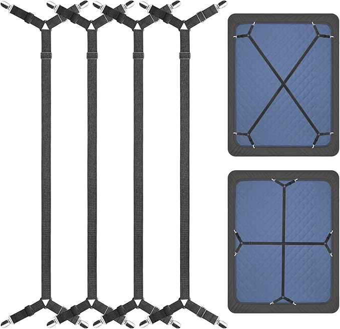 ZHOUBIN Bed Sheet Holder Straps, Adjustable Elastic Crisscross Bed Sheet Fastener Straps Grippers Suspenders for All Bed Sheets, Mattress Covers(2 Set/4Pcs, Black)