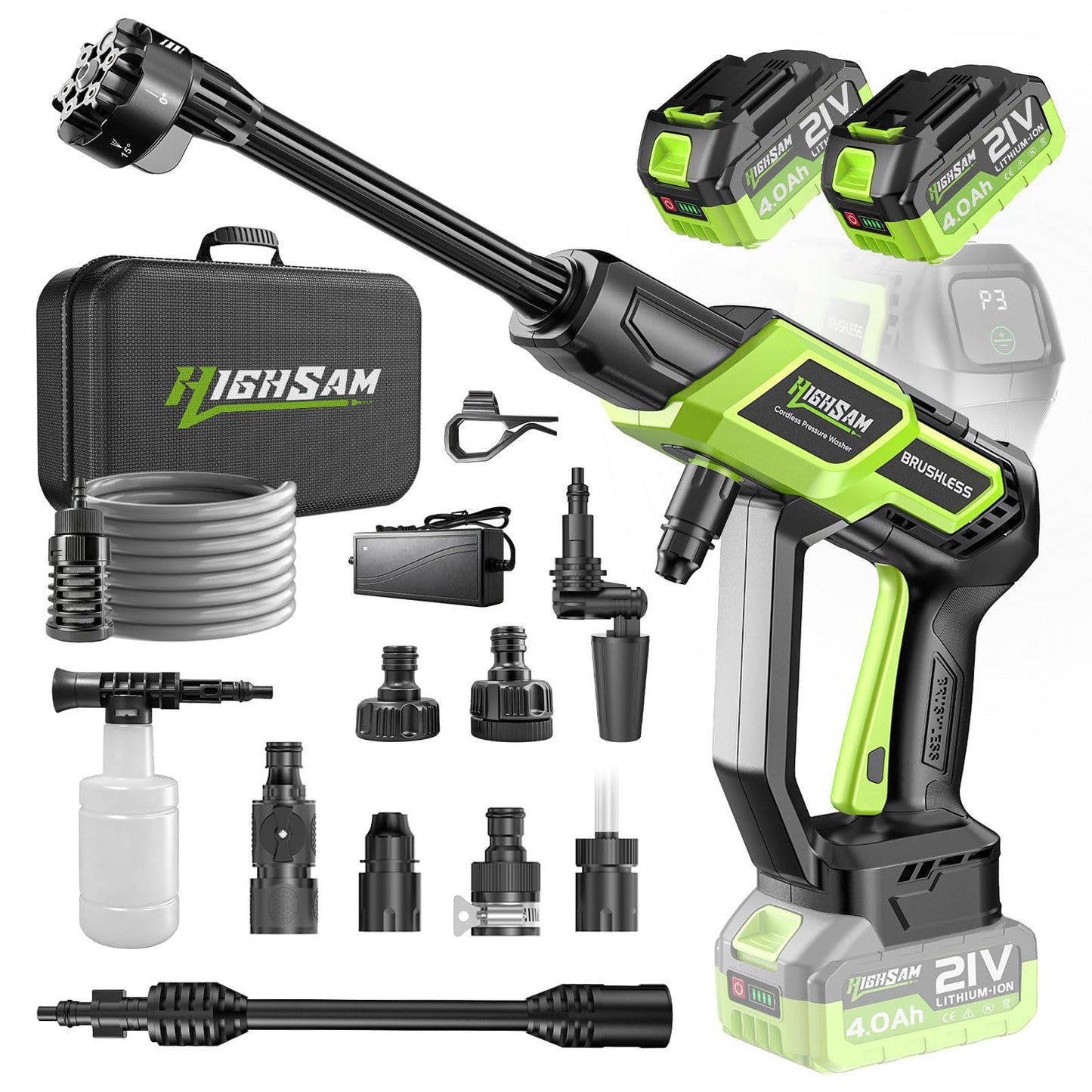 Cordless Portable Car Washer-Brushless Motor, 2X4000mAh Batteries & Fast Charger, 6-in-1 Nozzle, Extension Rod, 16.4FT Hose & Storage Case, Handheld Car Cleaning Tool for Car/Home/Patio & Garden