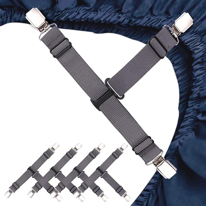 Fitted Sheet Straps 4 PCS Sturdy Bed Sheet Clips Keeping Sheets in Place Sheet Suspenders Fitted Sheet Clips Grey