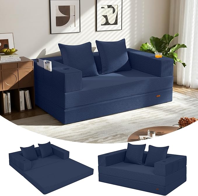 COMAX Futon Sofa Bed, 4‑in‑1 Convertible Sofa Bed, Folding Boneless Couches for Living Room, Fold Out Small Foldable Loveseat Floor Sleeper Comfy Mattress Lounge Space‑Saving, Navy Blue