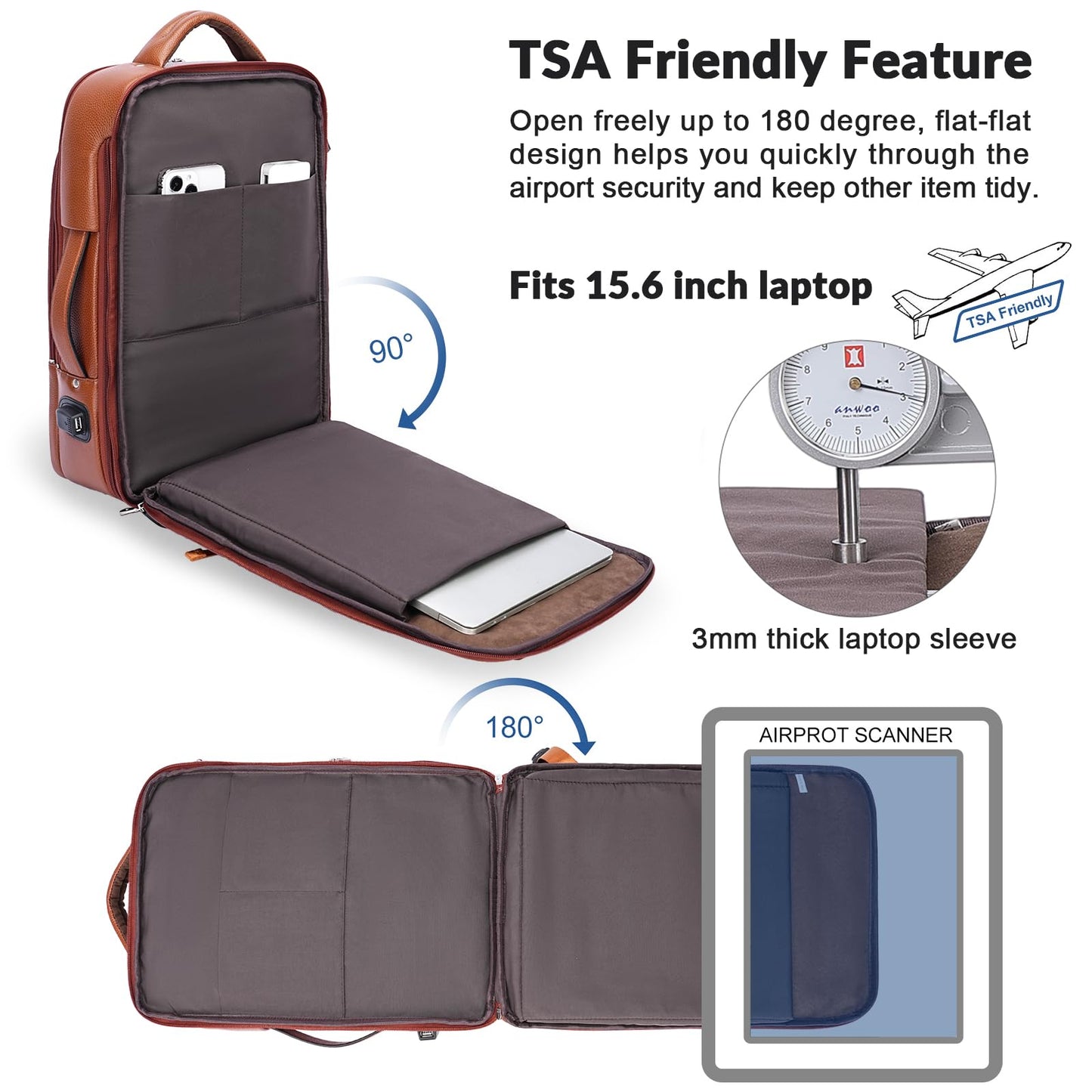 TIDING Expandable Leather 15.6" Laptop Backpack for Men Women, TSA Friendly Business Travel Bag Slim Work Casual Daypack