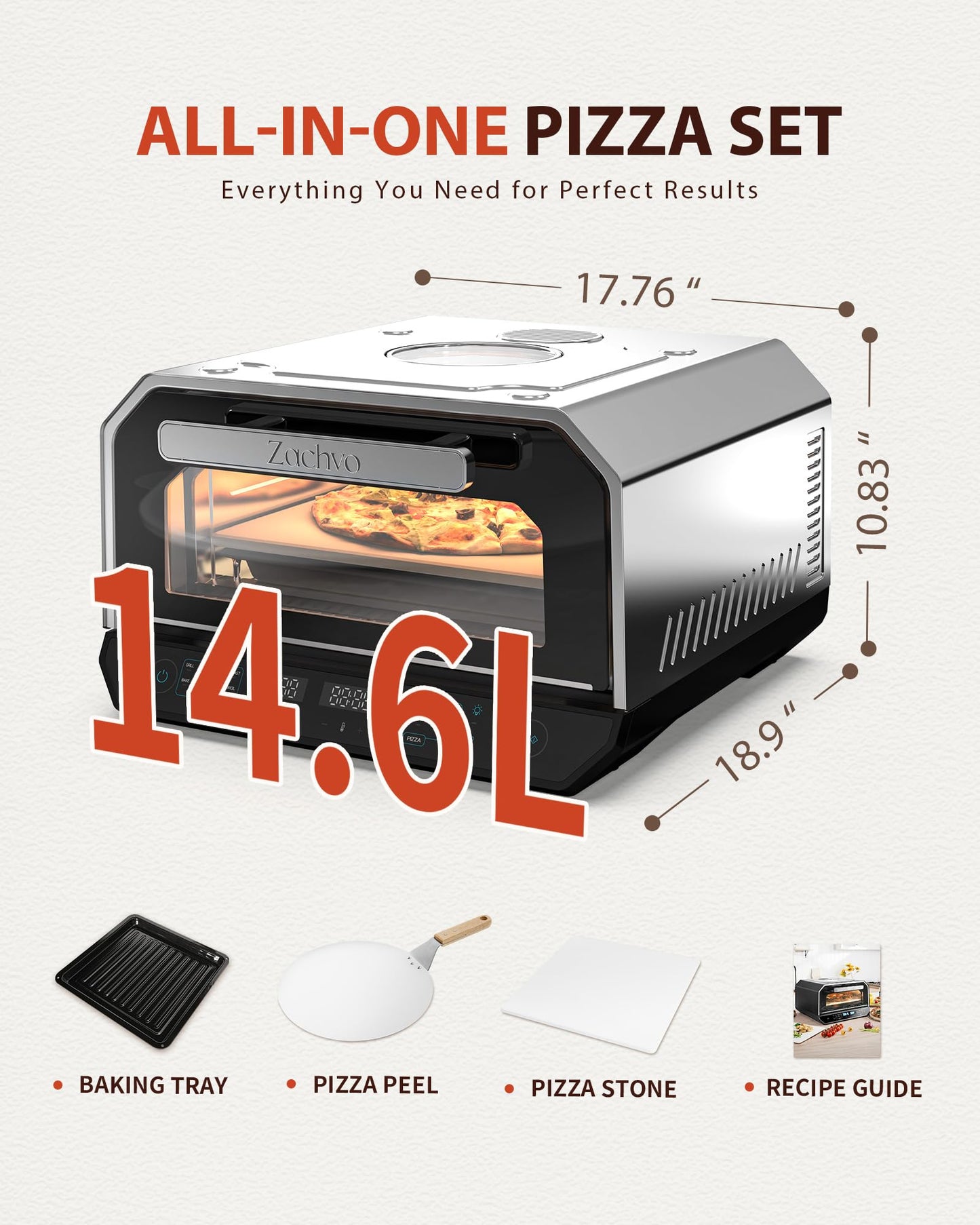 Indoor Pizza Oven, 12 Inch Pizza in 90 Seconds, Heats up to 850°F Pizza Maker, 10-in-1 Countertop Electric Pizza Oven with 6 Touchscreen Presets, Silver