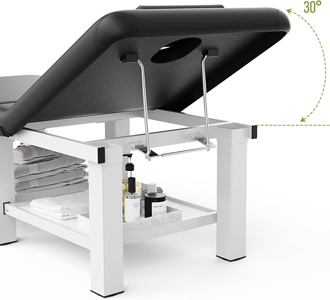 Folding Stationary Massage Table with Backrest and Storage Space, 6 Square Legs Metal Frame PU Leather, 30.5'' Wide × 75'' Long for Treatment Table Physical Therapy Table Spa Facial Bed, Black