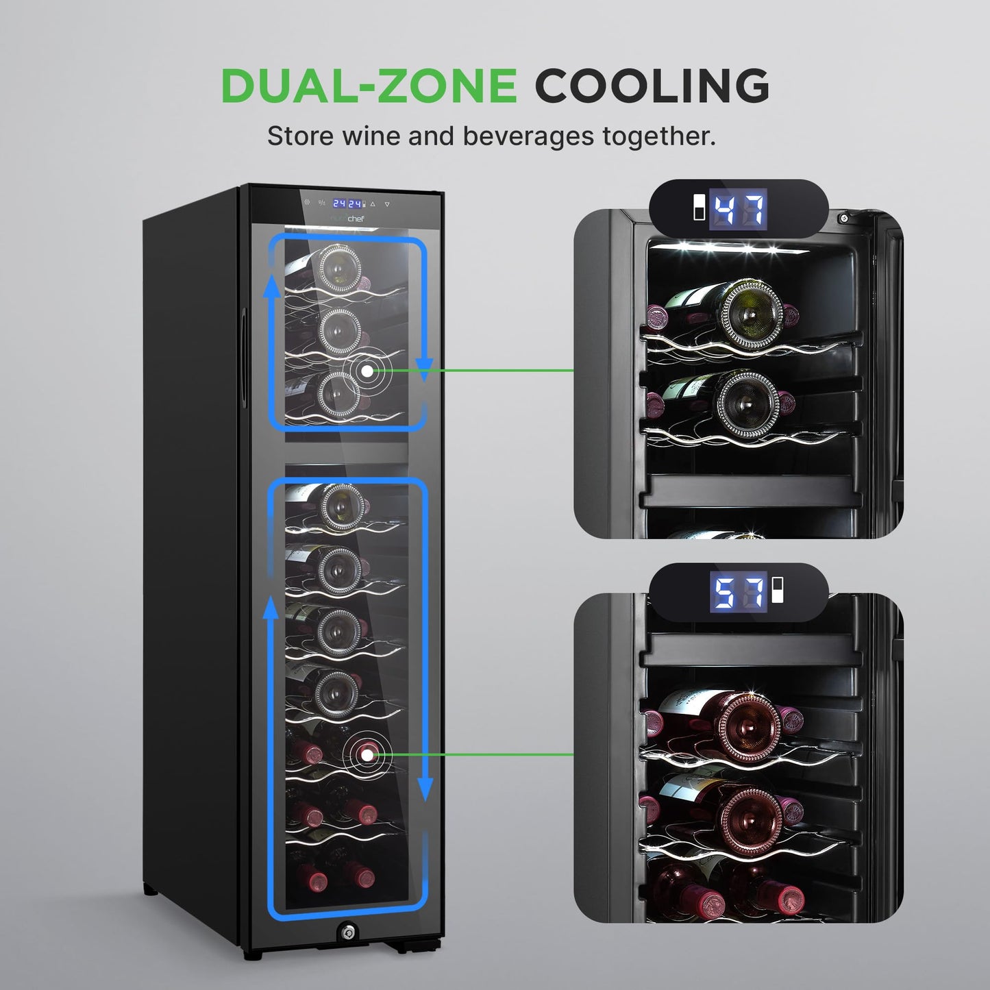 NutriChef PKCWCDS275 Dual-Zone Wine Cooler, 27-Bottle Refrigerator, Digital Touch Button Control with Air Tight Seal, Adjustable Temp 41-64F, Freestanding Cooler, Black