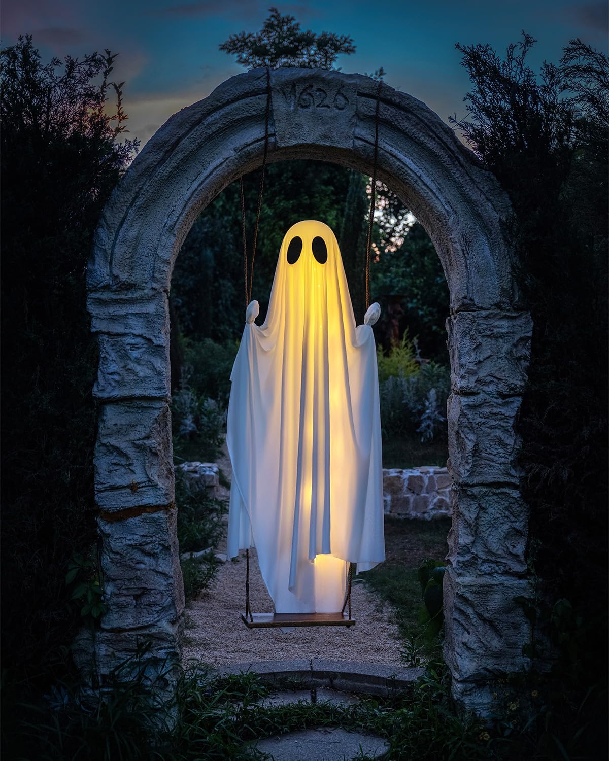 Halloween Decorations Outdoor - 5 FT Large Hanging Swing Ghost Halloween Decor with String Lights - Spooky Cute Ghosts Decorations for Front Porch Yard Tree