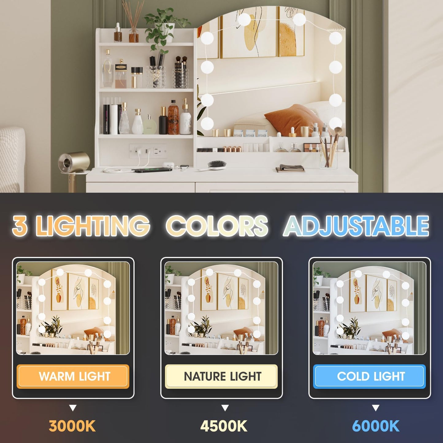 Vabches Makeup Vanity Desk with Lights and Charging Station, White Vanity Set Makeup Table with 4 Drawers Lots Storage, 3 Lighting Colors, Large Size 39.4in(W)