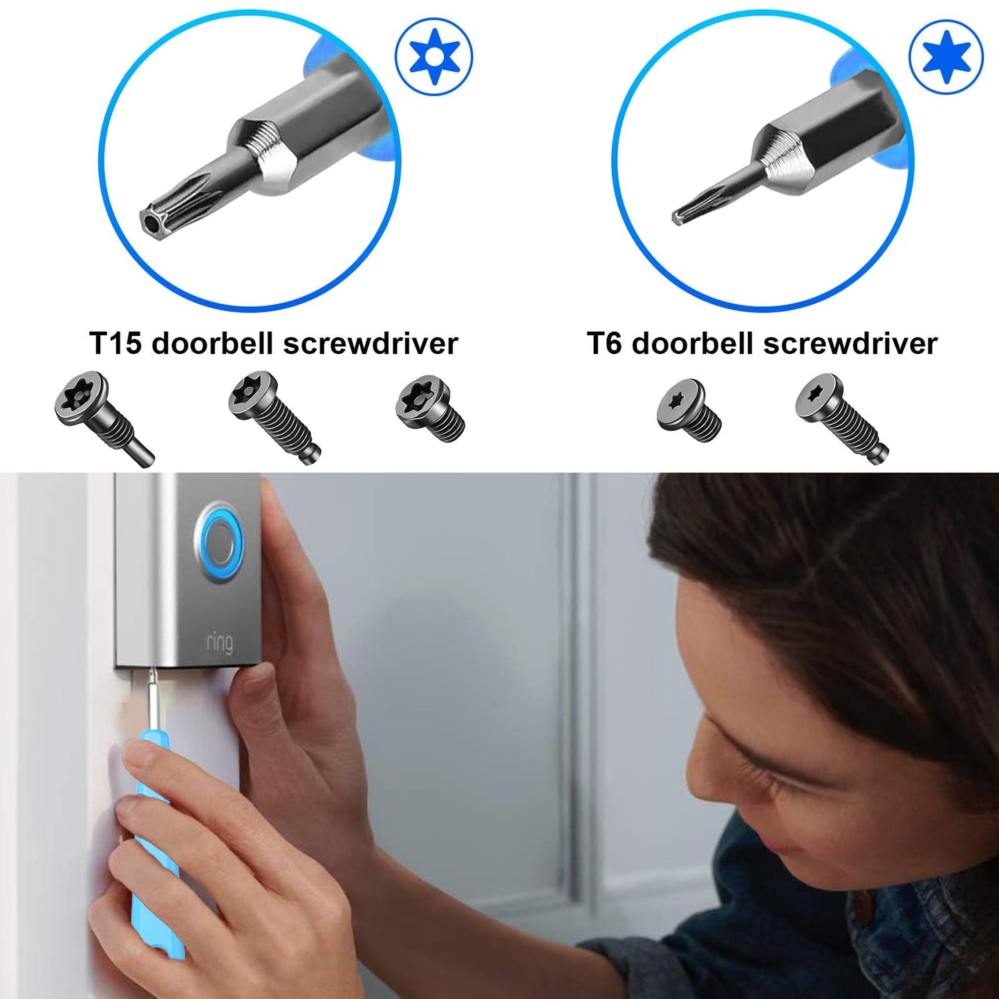 R/ing Doorbell Screwdriver Kit, Double-Ended Torx T6/T15 with Phillips and Slotted Screwdriver & No Soliciting Signs, Doorbell Security Screws for Video Doorbells Replacement Password Reset(Blue)