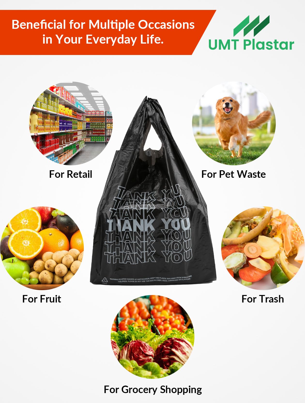 UMT Plastar 300 Count Thank You Plastic Bags, 12" x 6" x 22", 15 Mic Black Grocery Bags with Handles, Ideal for Restaurants, Retail, Grocery Stores, Takeout, Convenience Stores