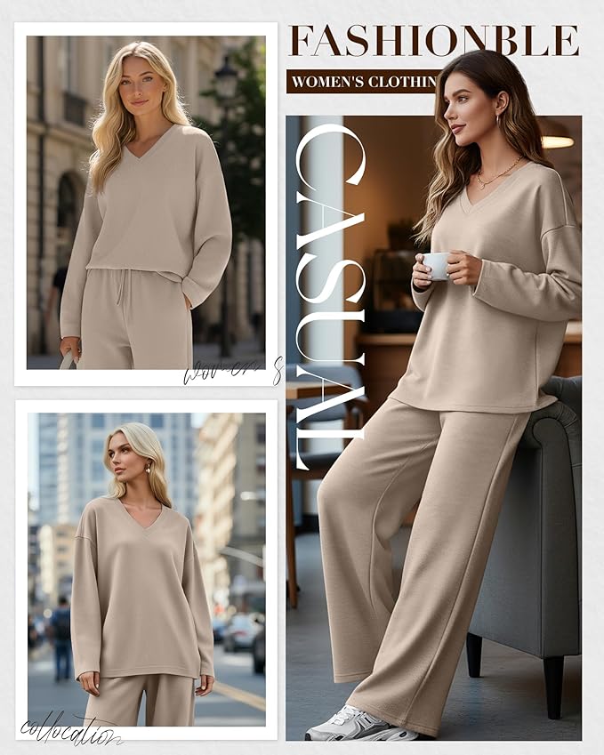 JoyMotion 2 Piece Women's Sweatsuit, V Neck Oversized Tracksuit Wide Leg Pant Fall Lounge Set Long Sleeve Sweatshirts Outfit
