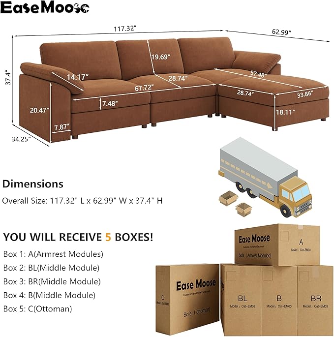EASE MOOSE Sectional Modular Sofa, Oversized L Shape Sectional Couch Wide Deep seat Sectional Sofa,FSC Certified Comfortable Chenille Brown Modular Sofa