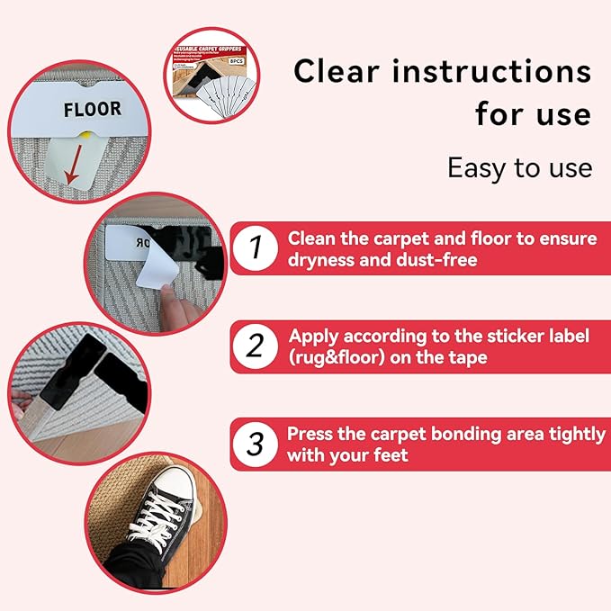 Reusable Carpet Grippers,Non Slip Rug Pads Grippers for Hardwood Floors and Tiles, Washable,Strong Adhesive Grippers for Area Rugs, Keep Corners Flat, Non-Damaging for Floor Shining Night Black (8)