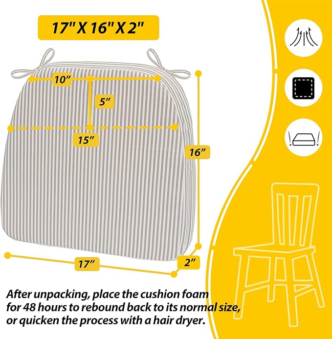 AAAAAcessories D-Shaped Chair Cushions, 17" x 16", Set of 4, 2" Thick Dining Chair Pads with Ties and Removable, Machine-Washable Cover, Pinstripe Taupe