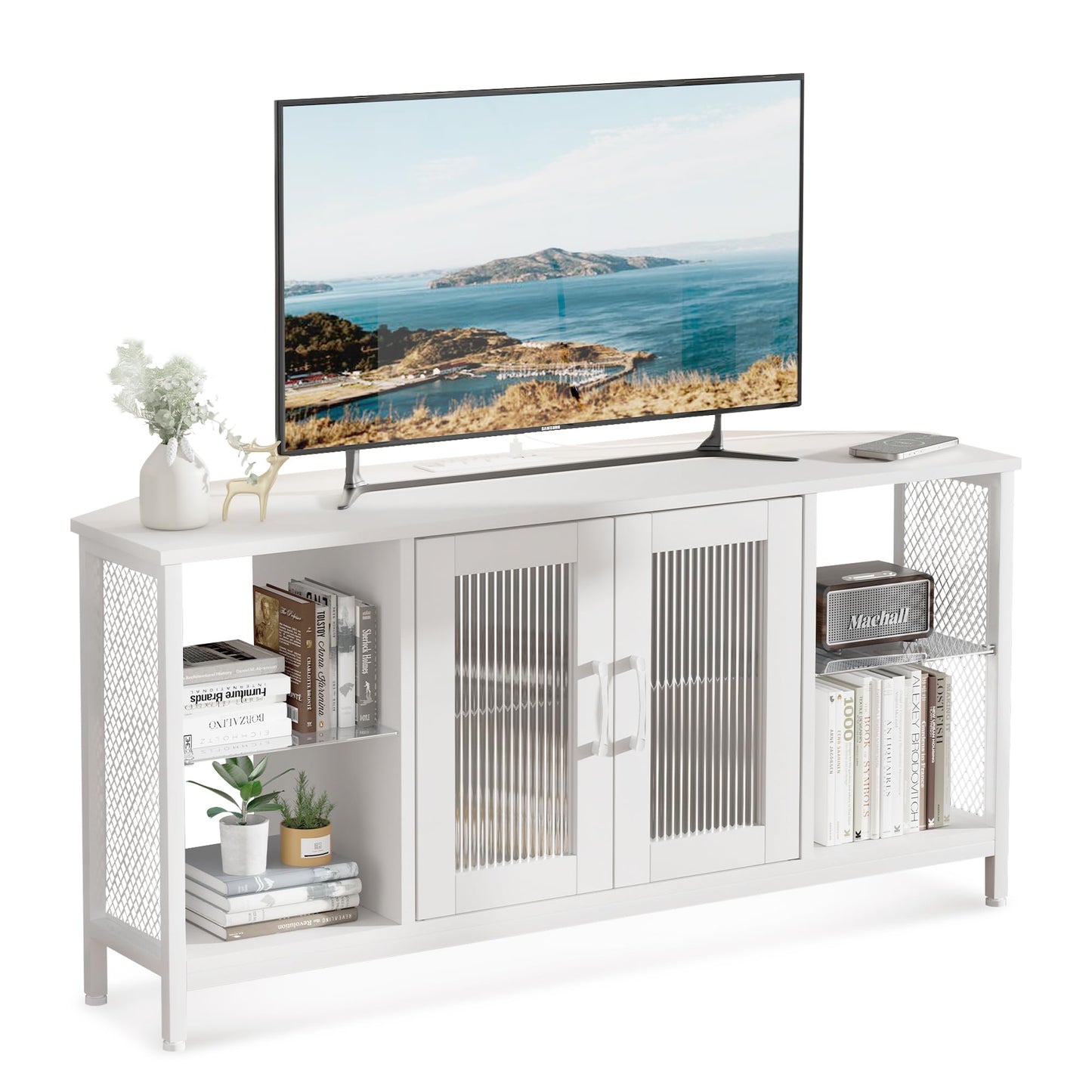 Uniheim TV Stand with Glass Storage Cabinets and Power Outlet, White TV Stand for 32/45/55 inch TVs, Entertainment Center with LED Light for Living Room, 46inch Small Tv Stand for Bedroom