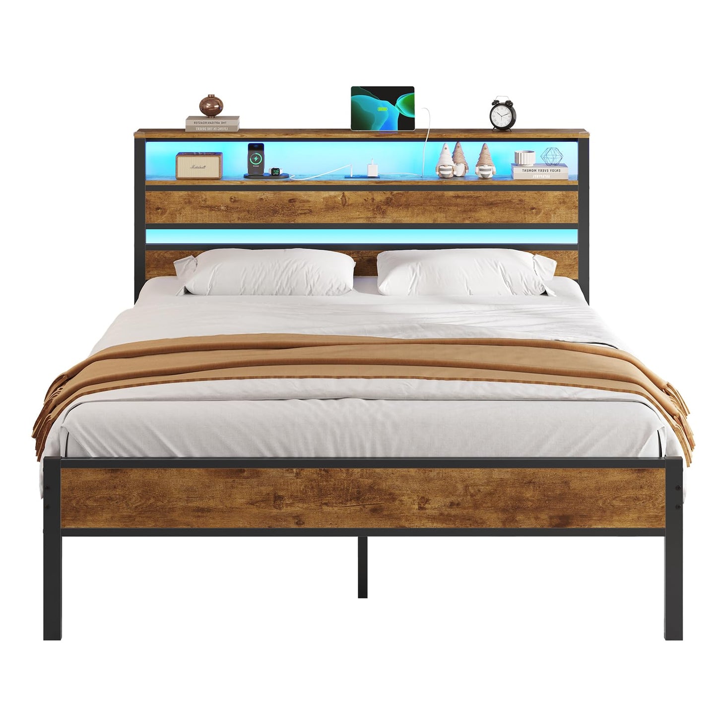 DICTAC 18 Inch Full Bed Frames with Charging Station and LED Light, Wood Headboard with 2-Tier Storage Shelves, Full Size Platform Bed Frame with Metal Slats, No Box Spring Need, Easy Assembly