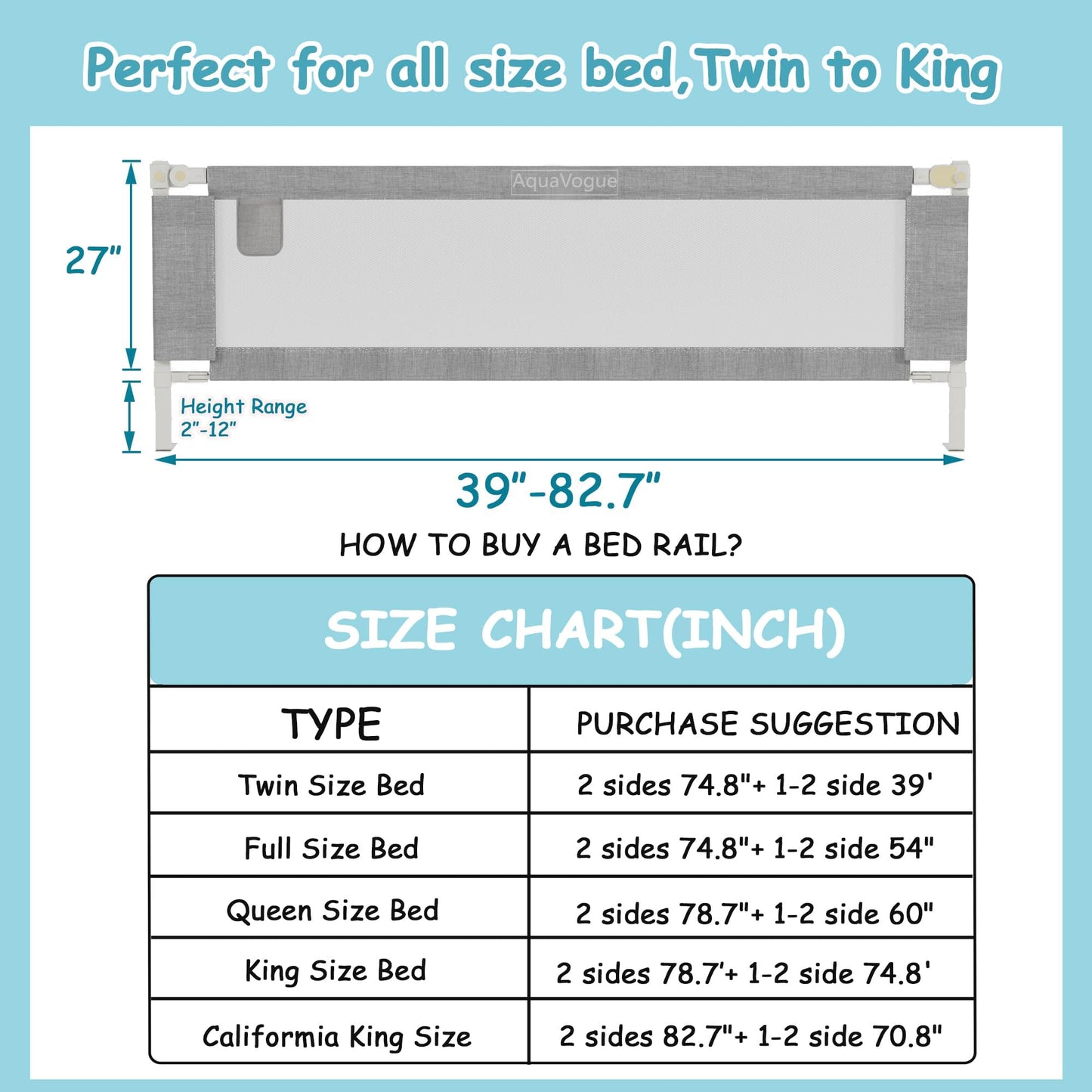 AquaVogue 3-Pack Queen Size Bed Rails for Toddlers -Height Adjustable Baby Bed Rail Guard Specially Designed for Queen Size Bed(78.74 x 78.74 x 59 Inch)