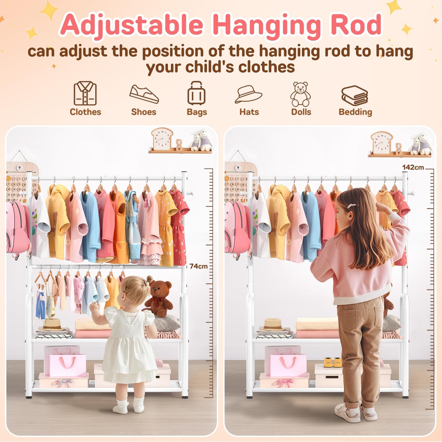 ZHKINGGS Kids Clothing Rack with 2-Layer Storage Shelf and 2 Adjustable Hanging Rods, Small Baby Closet Organizer for Hanging Clothes, Kids Dress Up Rack for Child (Classic, White)