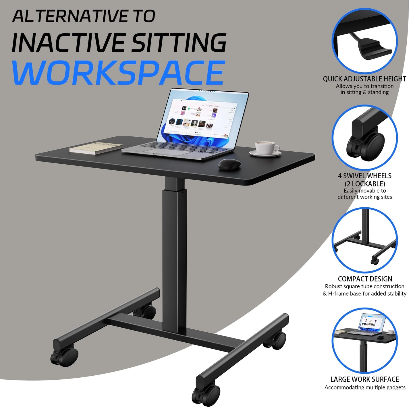 GallopFun Mobile Laptop Standing Desk Adjustable Height, Small Mobile Desk Workstation with Wheels, Portable Rolling Computer Desk Cart for Home Office Classroom (Black)
