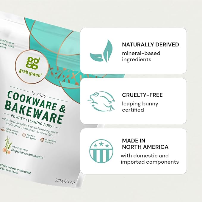 Grab Green Cookware and Bakeware Cleaner Pods,15 Pods, Tangerine Lemongrass Scent, Plant and Mineral Based, Removes Burnt-On Food, Eliminates Stains