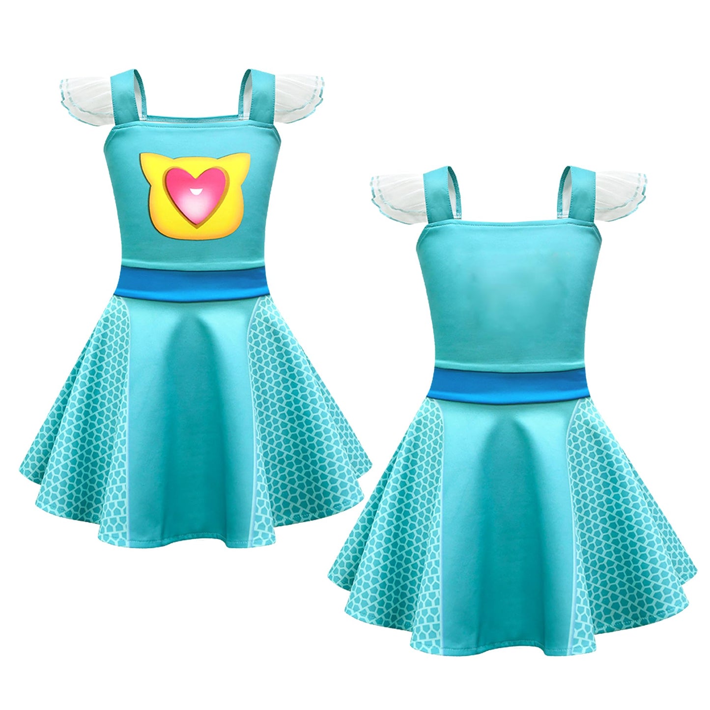 CheerfulChic Superhero Costume Lace sleeves Dress with Accessories,For Birthday Halloween Christmas For Princess（110cm/3-4T） Blue green