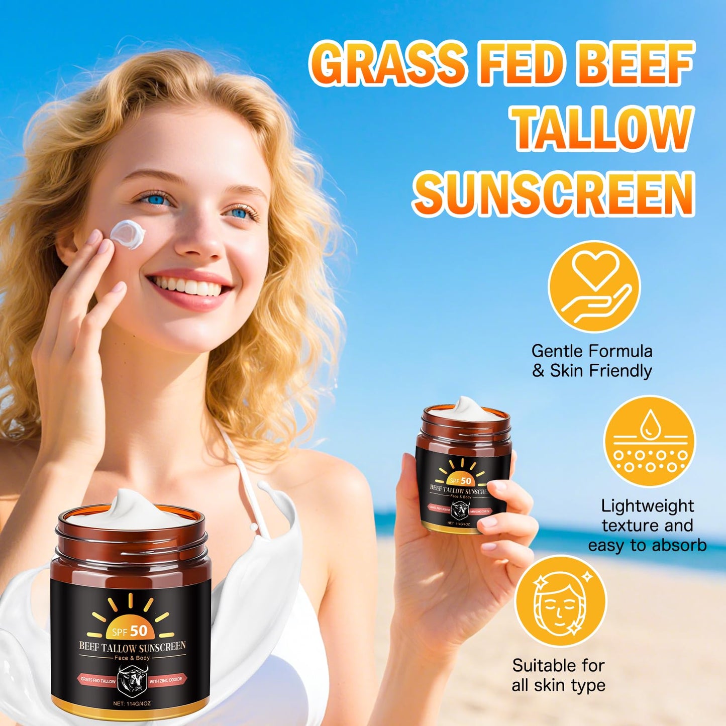 Beef Tallow Sunscreen with Zinc Oxide, Non Toxic Sunscreen SPF 50, Safe, Clean Non-Greasy Formula for Face and Body, Sun Balm fo