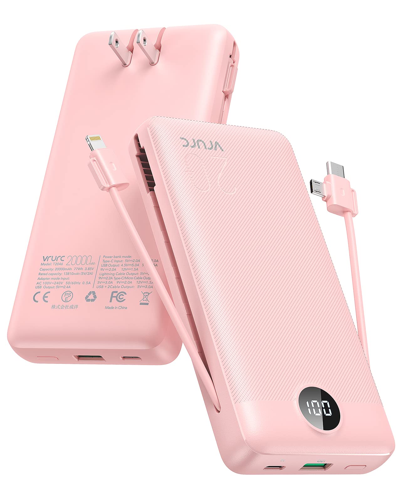 Vrurc Portable Charger 20000Mah, Fast Charging Power Bank Usb C,4 Output 2 Input Travel Essentials Charging Bank Equipped With L