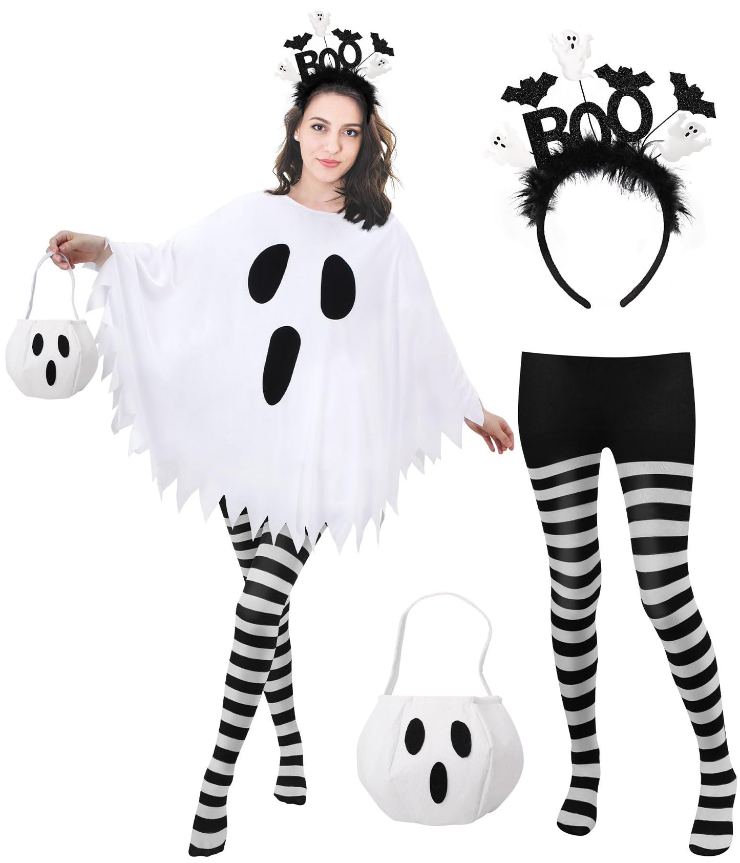 Snwquik 4 Pcs Ghost Costume Adult with Accessories,Ghost Costume Women Poncho/Bag/Headband/Tights Halloween Cosplay