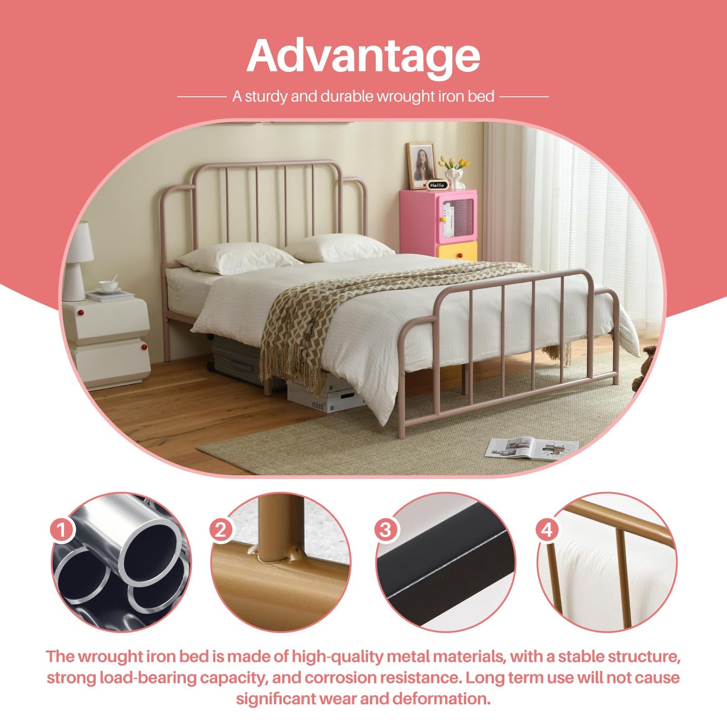 PINJU Metal Platform Bed Frame with Headboard and Footboard, Classic Style, Sturdy Metal Slats, No Box Spring Needed, Easy Installation (Pink, Queen)