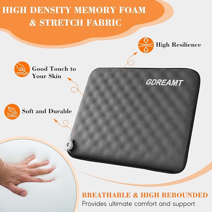 GDREAMT Inflatable Seat Cushion, Self-Inflating Memory Foam Stadium Seats Cushion Lightweight & Compact Chair Sitting Pad Airplane Cushion for Long Flight Travel Outdoor Camping Car Bleachers Office